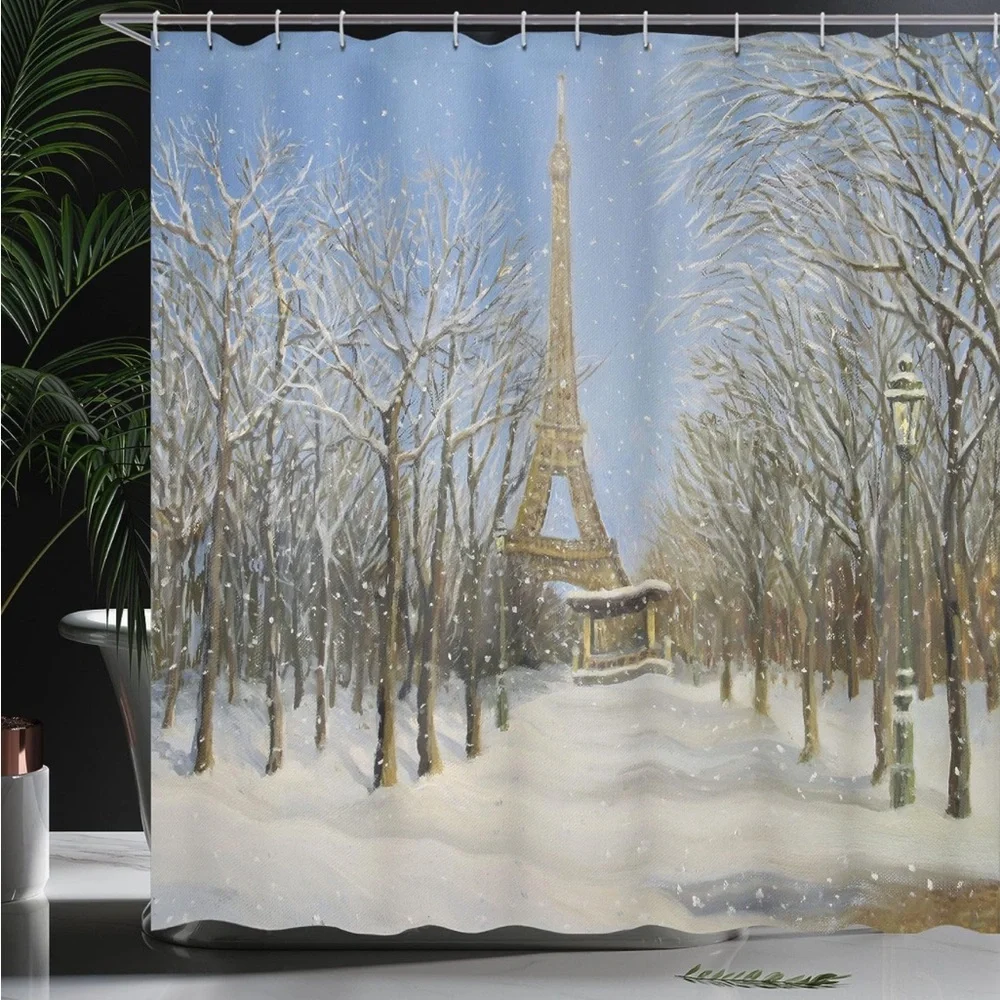 Country Shower Curtain, Winter Scene Eiffel Decor Set with Hooks, 69